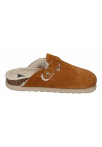 Zapatilla de ante marrón, tipo slipper, con forro de piel, correa lateral con botón metálico y suela ligera y texturizada. Punta redondeada y diseño acogedor.