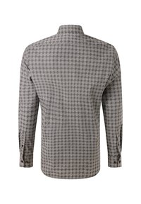 Camicia a maniche lunghe con bottoni, caratterizzata da un piccolo e intricato motivo geometrico bianco e nero, vista dal retro.