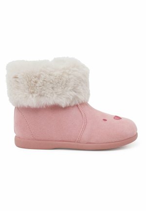 Botte chausson rose en matériau doux avec un revers en fausse fourrure beige. Présente un joli visage d'animal avec des détails brodés sur l'orteil.