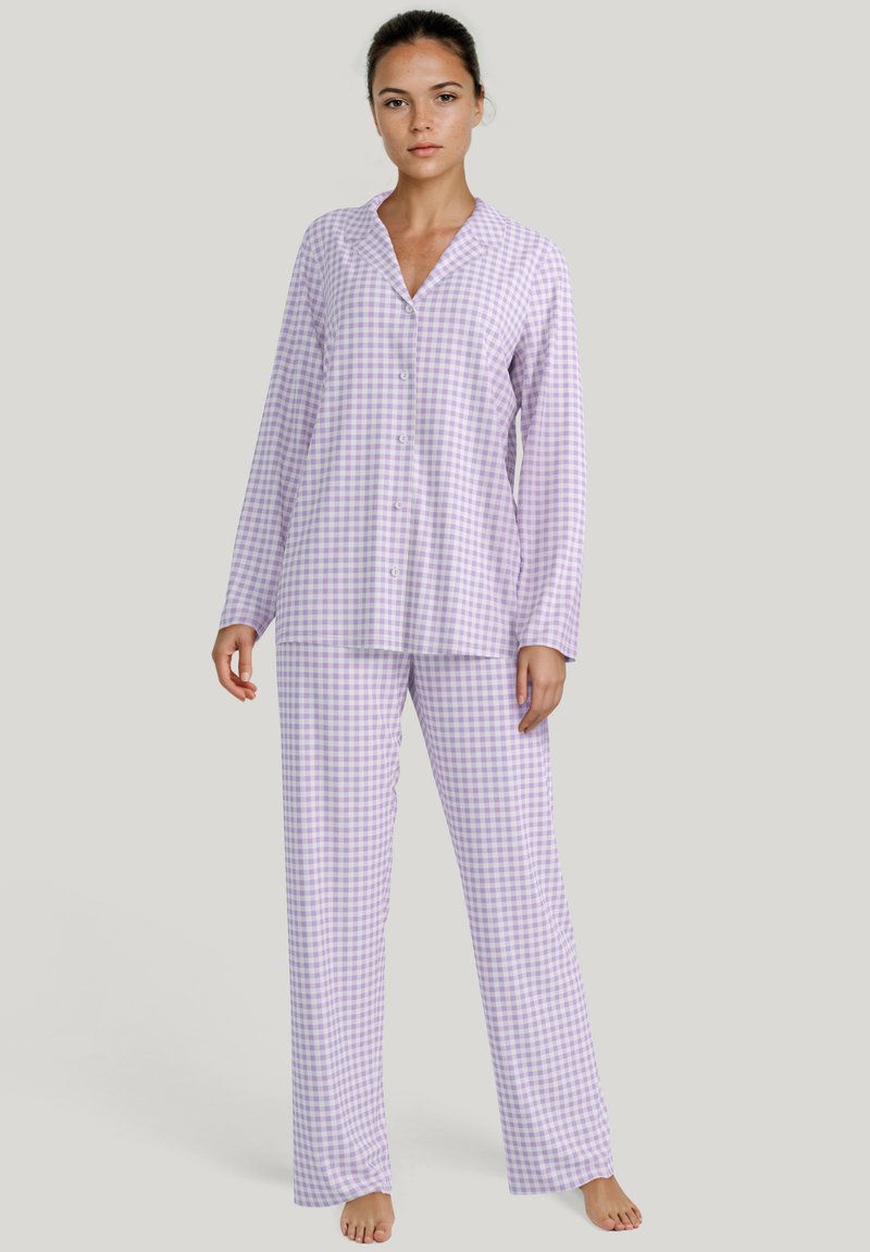 Purple and white checked pajama set featuring long sleeves, a button-down front, and straight-leg pants, made of a soft fabric.