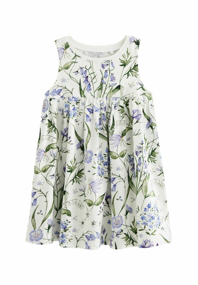 Robe blanche sans manches avec une taille froncée, avec un motif de feuilles vertes et de fleurs sauvages violettes et bleues.