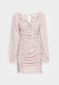 Lila blommönstrad mini-klänning med långa ärmar, rynkat mönster, framknutningsdetalj och fyrkantig halsringning; lättviktig tyg.