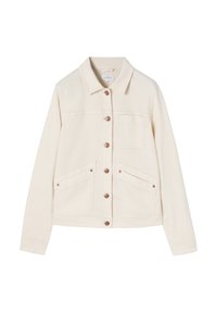 Krémová džínová bunda s límcem, bronzovými knoflíky, dvěma předními kapsami a jednou kapsou na prsou. Má uvolněný střih a prošité detaily.