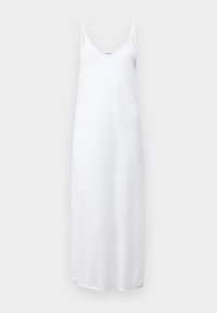 Vestido blanco sin mangas con escote en forma de V, hecho de un material texturizado, con un corte holgado y un dobladillo suave.