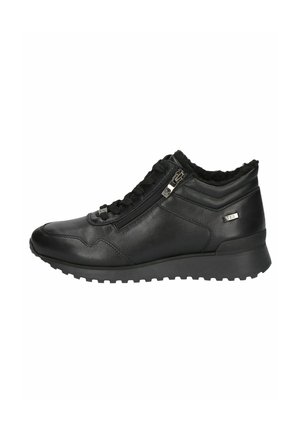 Zwarte leren sneaker met een textuurafwerking, veters en ritssluiting, gevoerde kraag en een rubberen zool voor extra grip.