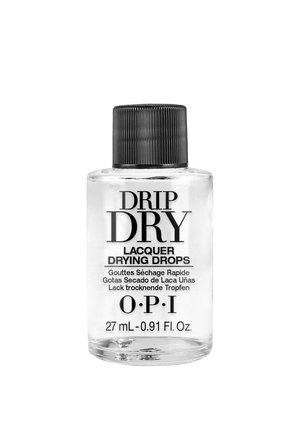 Bouteille transparente de gouttes de séchage pour vernis à ongles O.P.I. Drip Dry avec un bouchon noir strié. L'étiquette présente un texte noir en gras sur fond blanc. 27 mL.