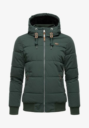 Polstret jakke i mørkegrønn med hette, med frontglidelås, to glidelåslommer på siden og teksturerte strikkede mansjetter og nederkant.