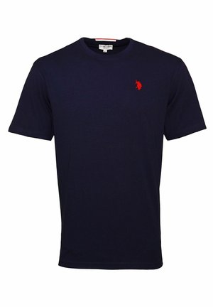 Navy blue cotton t-shirt with short sleeves and round neckline, featuring a small red embroidered logo on the left chest area.