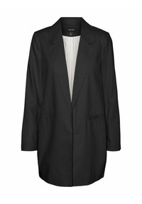 Blazer noir ajusté en tissu lisse. Présente un col cranté, des manches longues et deux poches avant. Doublure intérieure en tissu léger.