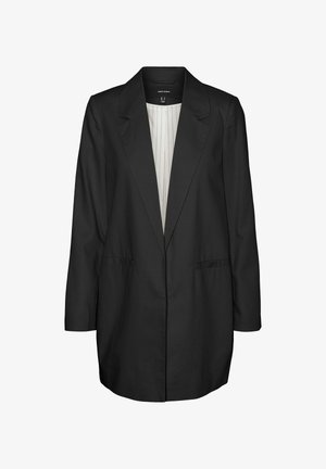 Schwarzer taillierter Blazer aus glattem Stoff. Verfügt über einen Reverskragen, lange Ärmel und zwei Stimmungstaschen. Innen mit leichtem Stoff gefüttert.