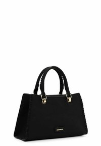 Black handbag with structured design, featuring textured sides, gold-tone hardware, dual handles, and a zipper closure. Logo detail included.
