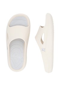 White molded slides with a textured gray insole. Open design features side cutouts and a rounded toe. Subtle branding on outer side.