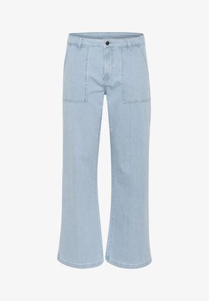 Svijetloplave pruge široke hlače s prekrižačem, prednjim džepovima i opuštenim krojem. Izrađene su od mekane, lagane tkanine.