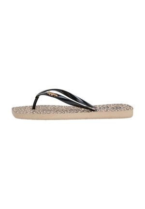 Flip-flop sandal with beige leopard print sole and shiny black thong strap featuring a small gold leopard decoration.