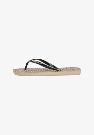 Flip-flop sandal med beige leopardprint sål og skinnende sort thong-rem med en lille gylden leoparddekoration.