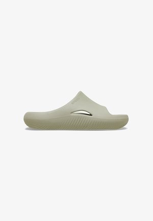 Light olive green slide sandal made of flexible material. Features a molded upper, side cutouts, and textured outsole for grip.