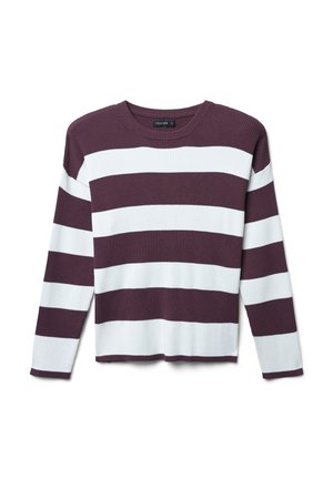Maglione a righe bordeaux e bianco a maniche lunghe in maglia a costine, con scollatura a girocollo e orlo dritto. Presenta righe larghe alternate.
