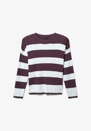 Pull en tricot à rayures maroon et blanches, à manches longues, avec un col rond et un ourlet droit. Présente des rayures larges alternées.