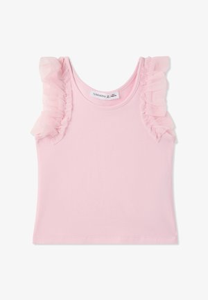 Top rosa senza maniche con dettagli in tulle arricciato sulle spalle. Realizzato in tessuto morbido e elasticizzato. Etichetta visibile all'interno del colletto.