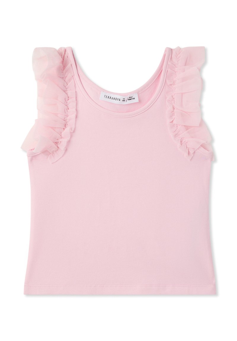 Top rosa senza maniche con dettagli in tulle arricciato sulle spalle. Realizzato in tessuto morbido e elasticizzato. Etichetta visibile all'interno del colletto.