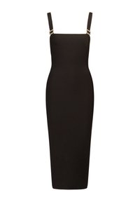 Zwarte midi-jurk met vierkante halslijn, verstelbare sp straps en metallic gespaccenten. Slanke, aangesloten silhouet, gemaakt van een soepele stof.