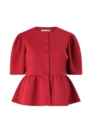 Red short-sleeve peplum blouse with round neckline and five covered buttons down the front.