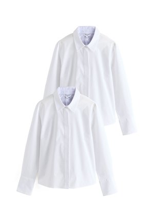 White long-sleeve button-up shirts. Features a classic collar, straight hem, and cuffs. Smooth cotton fabric with a crisp finish. Two shirts displayed.