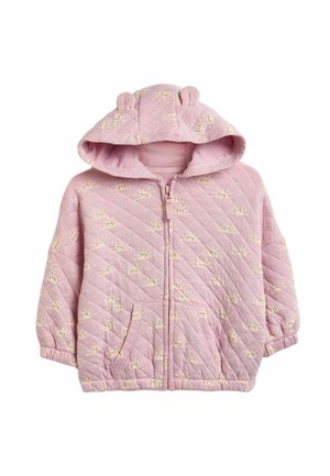 Veste matelassée rose pour tout-petit avec capuche et oreilles d'ours, fermeture éclair à l'avant, poignets élastiques, poches kangourou et petits motifs de visages d'animaux.