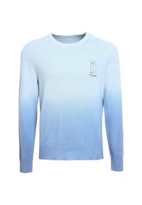 Pull à manches longues à dégradé bleu clair avec col rond, petit graphisme d'ours polaire et texte "BELLEMERE NEW YORK" sur la poitrine gauche.