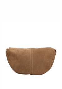 Pehmeä ruskea mokkalaukku pyöreällä muodolla, jossa on sileä pinta ja yläreunassa vetoketjusuljenta, keskellä korostettu saumalista.