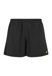 Sorte shorts lavet af letvægtsmateriale, med en elastisk talje og et lille gult logo på den nederste side.