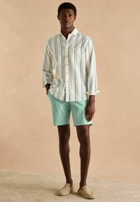 Vīriešu garām piedurknēm, pogām aprīkota krekls ar daudzkrāsainām svītrām, savienots ar piparmētras zaļas šortiem un bēša slaidajiem apaviem. Vienkārša fona.