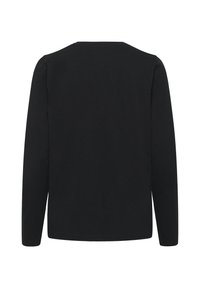 Bluză neagră cu mâneci lungi, fabricată din bumbac. Are un decolteu rotund și mâneci ajustate. Textură netedă, fără modele sau accente vizibile.