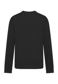 Schwarzes langärmliges T-Shirt mit Rundhalsausschnitt, aus weichem Baumwollstoff gefertigt, mit gerippten Bündchen und geradem Saum.