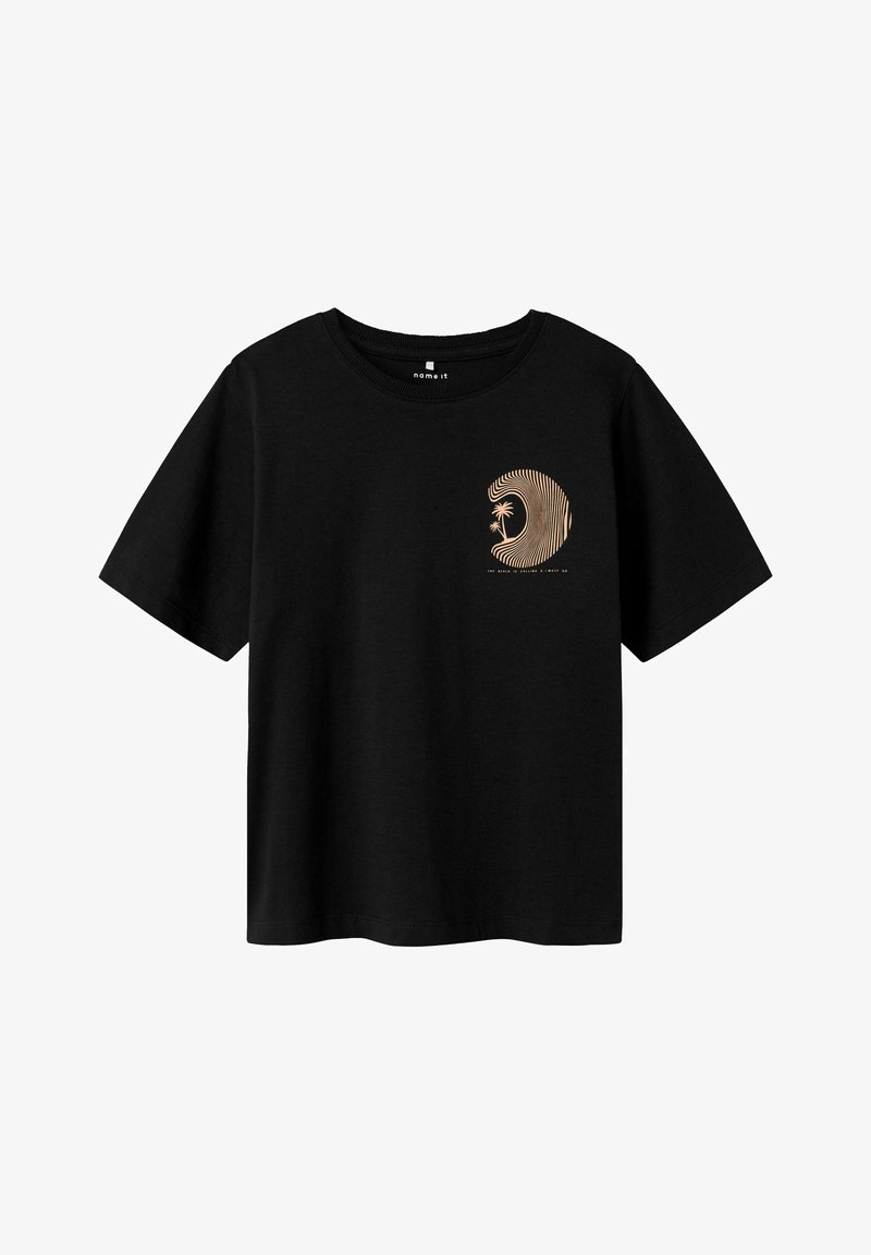 Μαύρο βαμβακερό T-shirt με σχέδιο χρυσού κύματος και φοίνικα στην αριστερή πλευρά του στήθους. Βραχίονες κοντοί και στρογγυλή λαιμόκοψη.