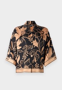 Kortsleeve bluse i sort satin med et guld blomstermønster, med krave og knaplukning; detaljer ved ærmerne og kanten.