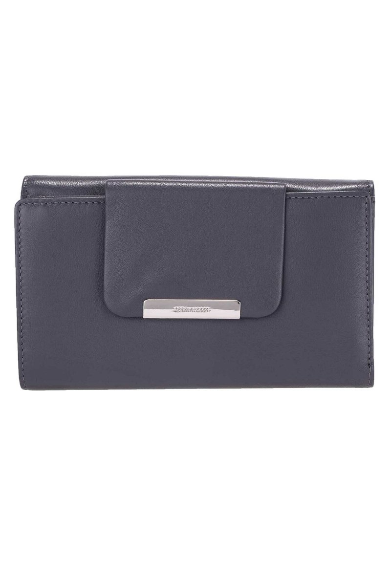 Dunkelgraue Lederbörse mit Klappenverschluss. Sie verfügt über einen metallischen Akzent und gestickte Kanten. Glatte Textur mit minimalen Verzierungen.