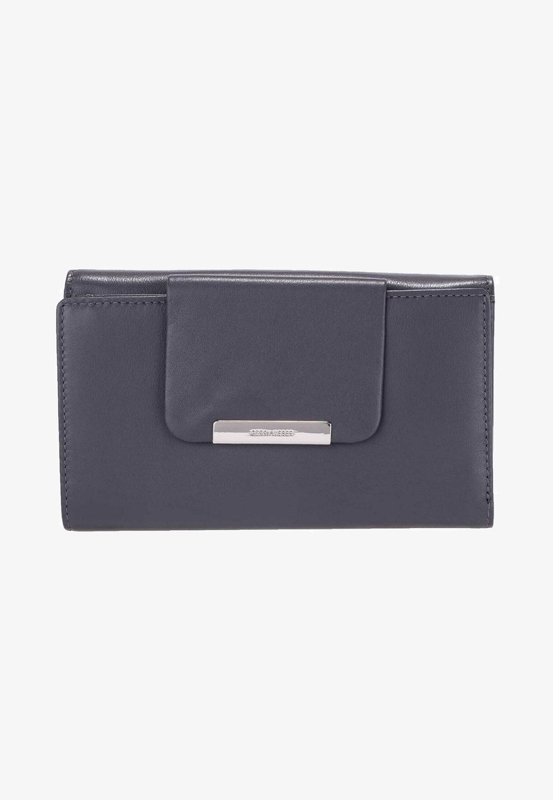 Dunkelgraue Lederbörse mit Klappenverschluss. Sie verfügt über einen metallischen Akzent und gestickte Kanten. Glatte Textur mit minimalen Verzierungen.