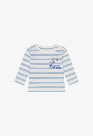 Maglia a maniche lunghe a righe in cotone azzurro chiaro e bianco. Presenta una grafica "Fun-Court New York" e due bottoni a pressione sulla spalla.