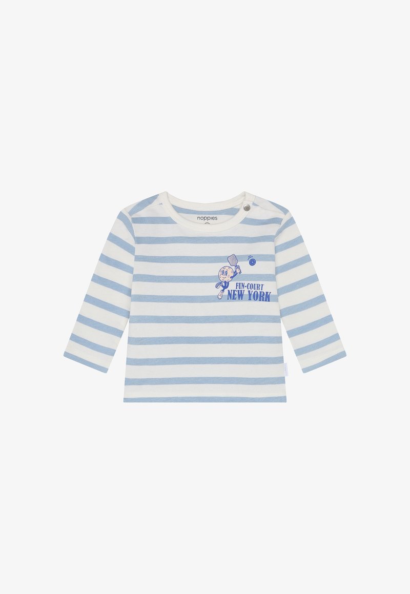 Camisa de manga larga con rayas en algodón azul claro y blanco. Presenta un gráfico que dice "Fun-Court New York" y dos broches en el hombro.