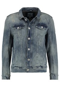 Džínová bunda světle modré barvy s klasickým střihém, přední část na knoflíky, dvě náprsní kapsy a jemné opotřebované detaily.