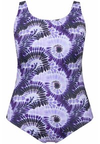 Lila och svart tie-dye baddräkt med hög hals, breda axelremmar och ett blommönster med utstrålande former. Mjuk tyg.