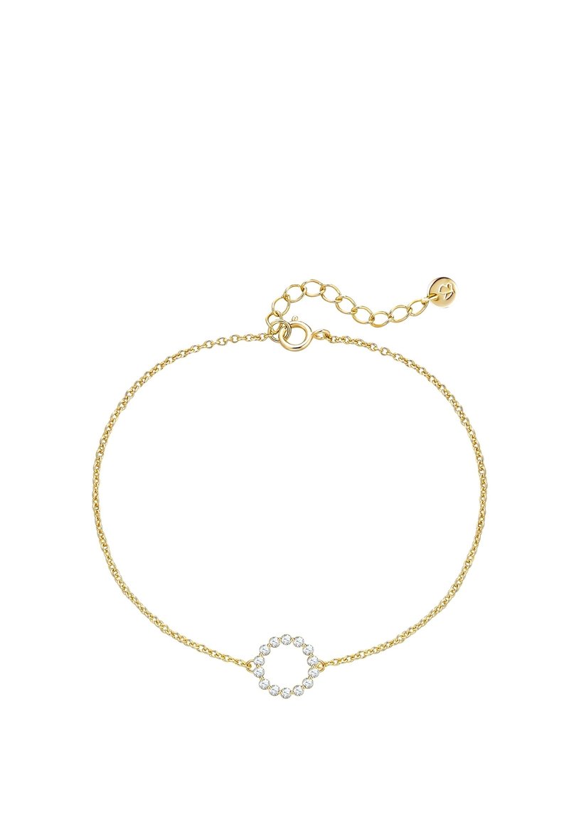 Guldarmband med en cirkulär mittpunkt prydd med klara ädelstenar, säkrad med en karbinhake och justerbar kedjeextension.