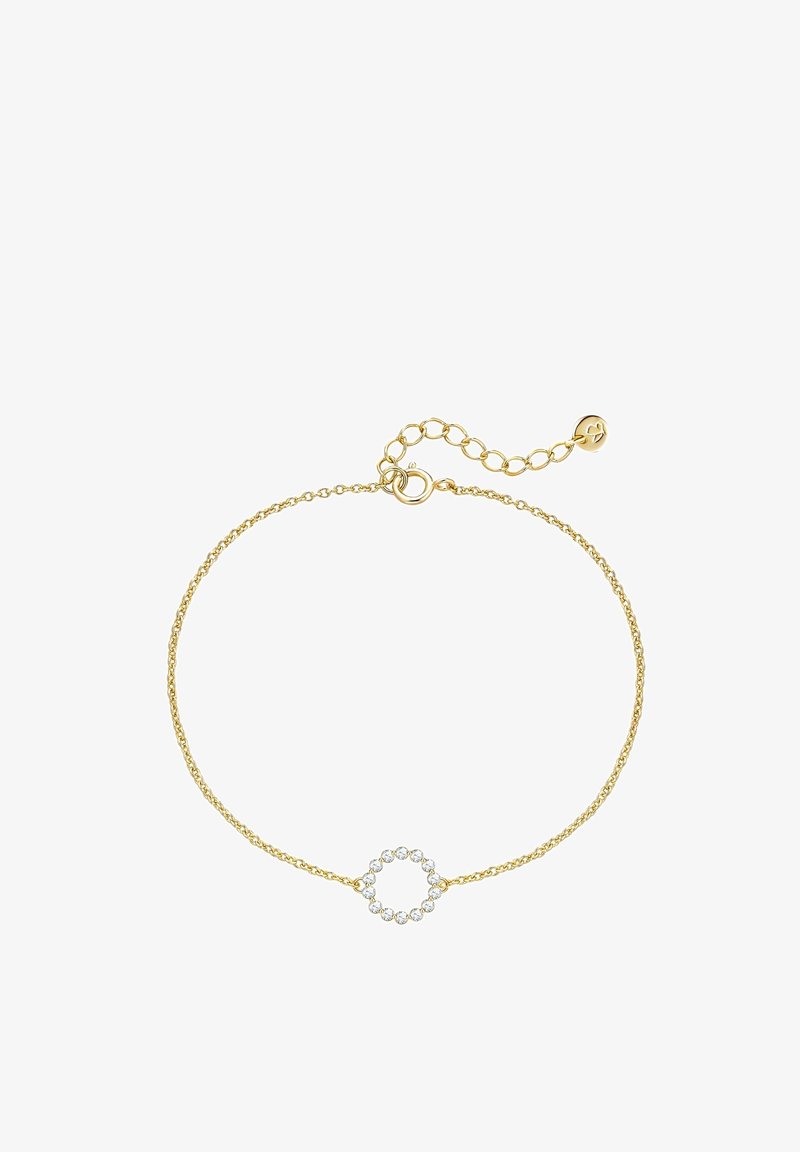 Guldarmband med en cirkulär mittpunkt prydd med klara ädelstenar, säkrad med en karbinhake och justerbar kedjeextension.