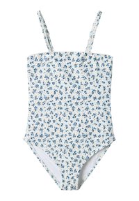 Blommig baddräkt med vit bakgrund och blå blommor, justerbara spagettiträns och en figurnära bodice. Mjuk textur.