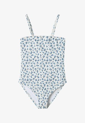 Blomstrete ett-stykke badedrakt med hvit bakgrunn og blå blomster, justerbare spagettistropper og en tettsittende overdel. Myk stofftekstur.