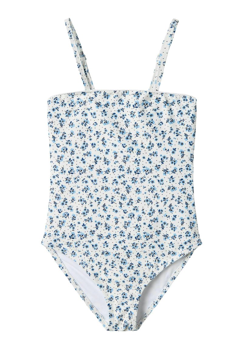 Blommig baddräkt med vit bakgrund och blå blommor, justerbara spagettiträns och en figurnära bodice. Mjuk textur.
