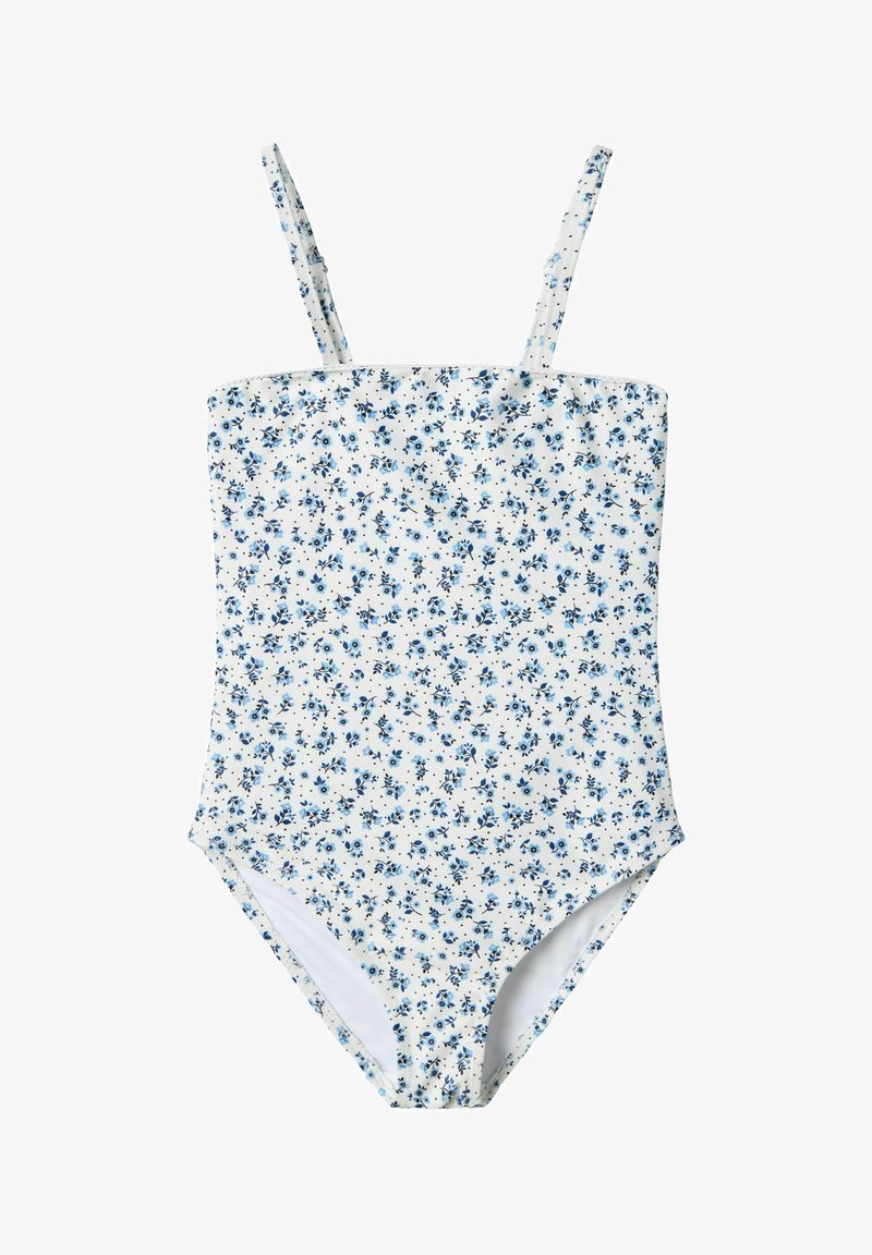 Kukallinen yksiosainen uimapuku, jossa on valkoinen tausta ja sinisiä kukkia, säädettävät olkaimet ja istuva yläosa. Pehmeä kankaan rakenne.