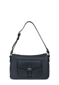 Borsa a tracolla in pelle blu con tasca frontale con chiusura a fibbia, tracolla regolabile, chiusura con zip e superficie liscia al tatto.
