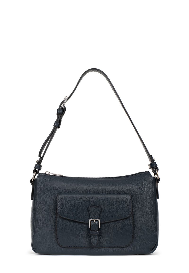Borsa a tracolla in pelle blu con tasca frontale con chiusura a fibbia, tracolla regolabile, chiusura con zip e superficie liscia al tatto.